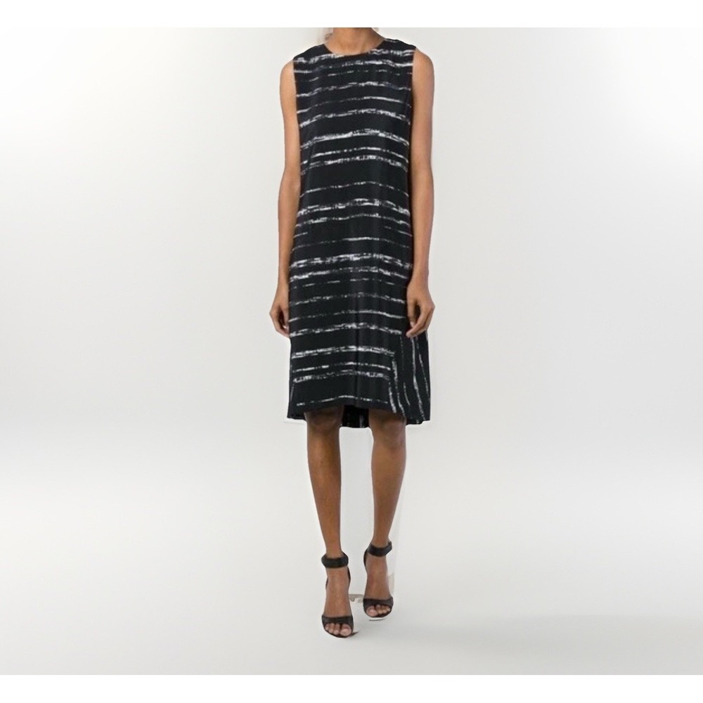 Vince 100% Silk Sleeveless A Line MIDI Black White Abstract Stripe Dress Sz 8